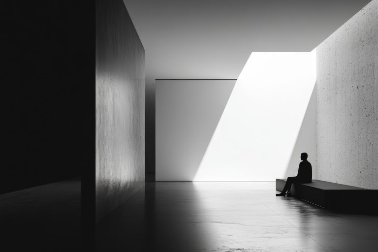 Man alone in harsh, minimalist space sitting in shadow – symbolising introspection, solitude, and the weight of modern male escapism.