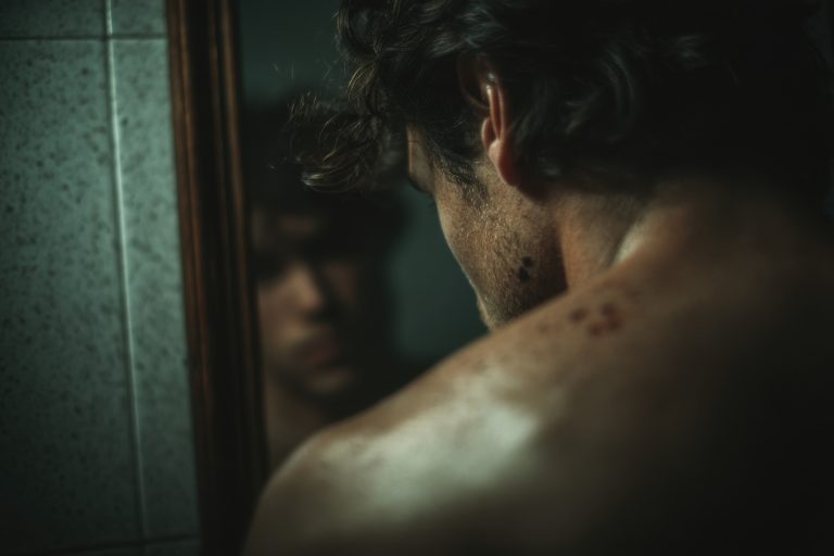 Man staring at his reflection in a dimly lit bathroom mirror, symbolising self-confrontation, inner struggle, and masculine self-reflection.
